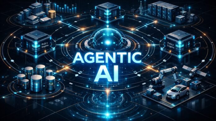 Agentic AI system architecture showing autonomous decision loops, state, policy, and execution layers