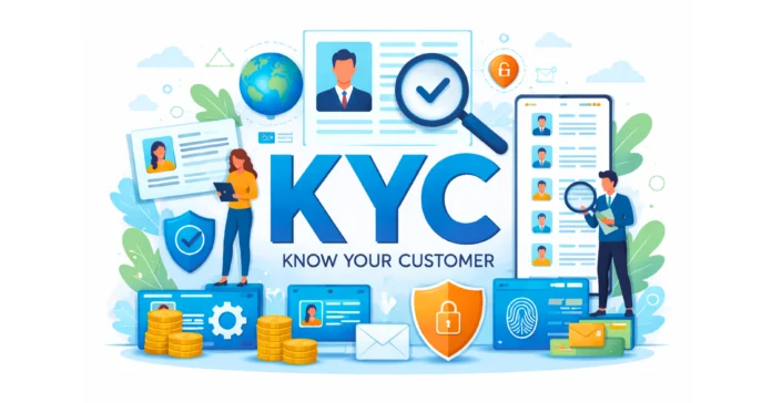Know Your Customer (KYC) process showing customer identification, identity verification, risk assessment, screening, approval, and ongoing monitoring in regulated financial institutions